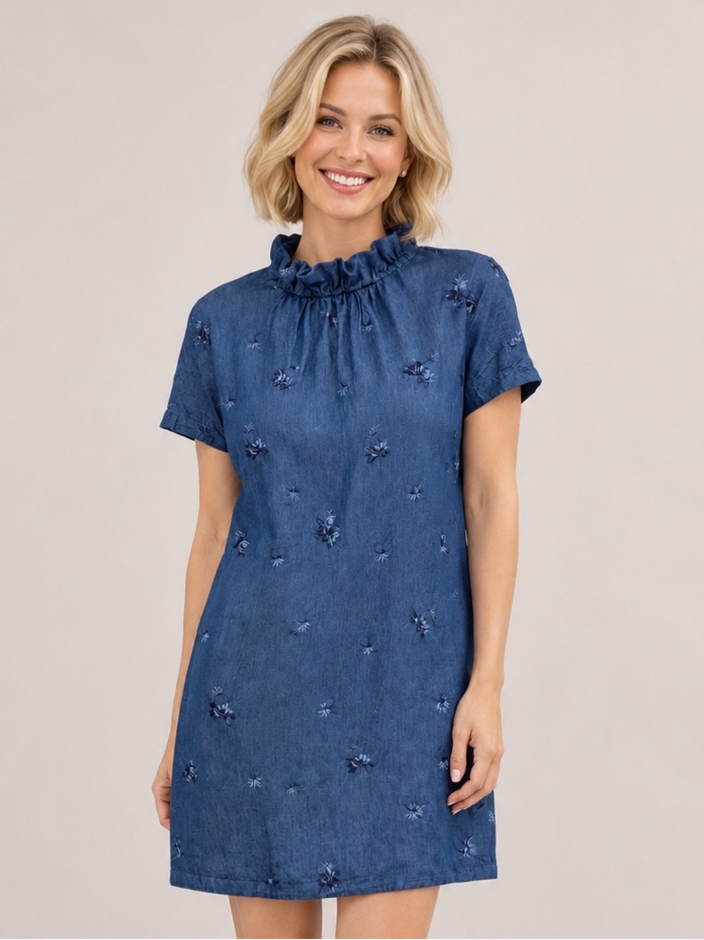 ANN MASHBURN Embroidered Chambray Shift Ruffle-Neck Dress NWOT